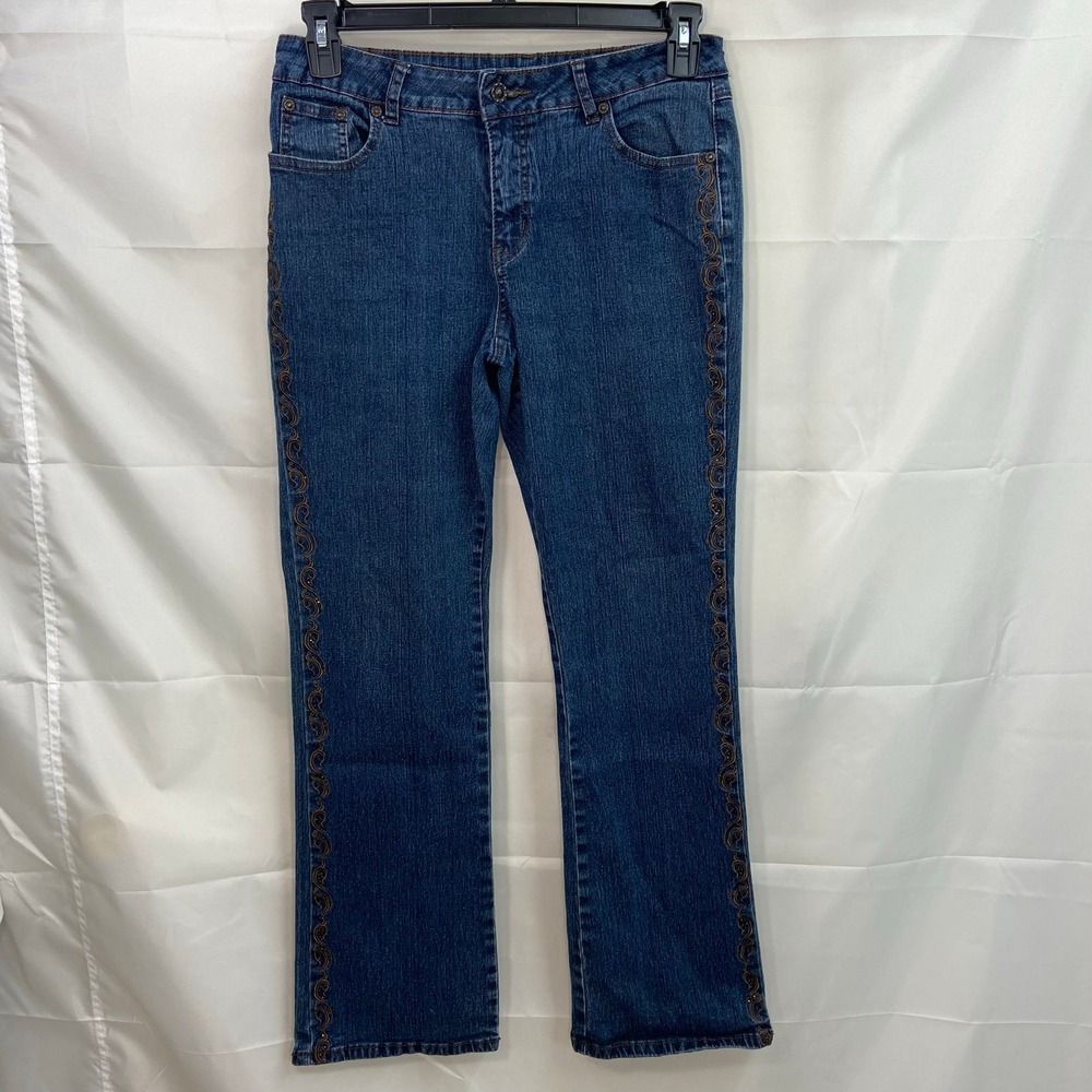 Roz &‎ Ali women's dark wash blue denim embellished beaded rustic jeans y2k 12